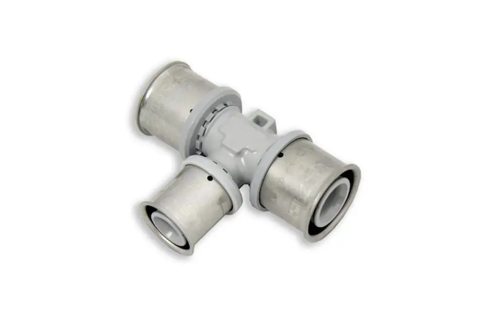 Roth T-Stück mit zwei Anschlüssen und einem reduzierten Mittelansschluss. Material in Metalloptik, geeignet für Rohrsysteme.